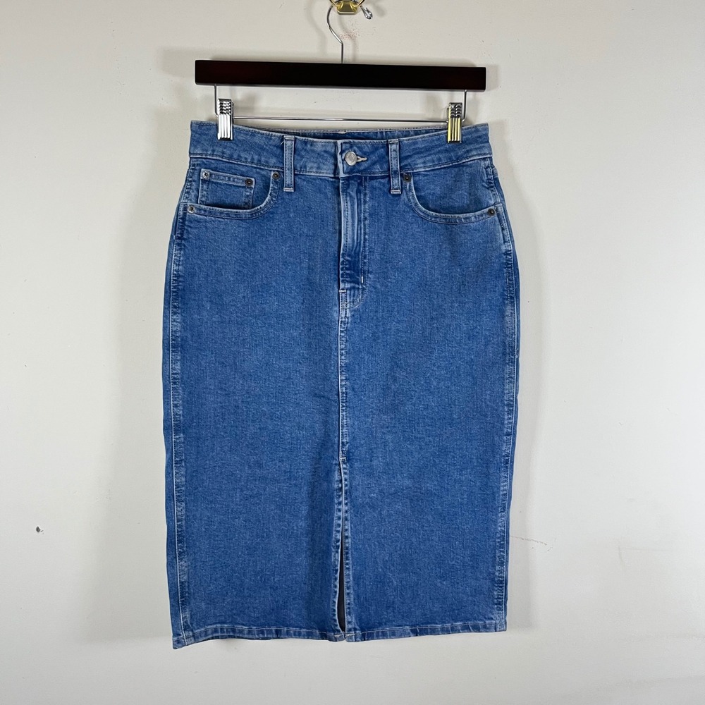 Gap Denim Knee Length Pencil Midi Skirt Medium Wash Front Slit Womens 6/28